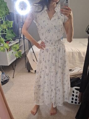 Women's White Floral Maxi Dress with Smocked Waist